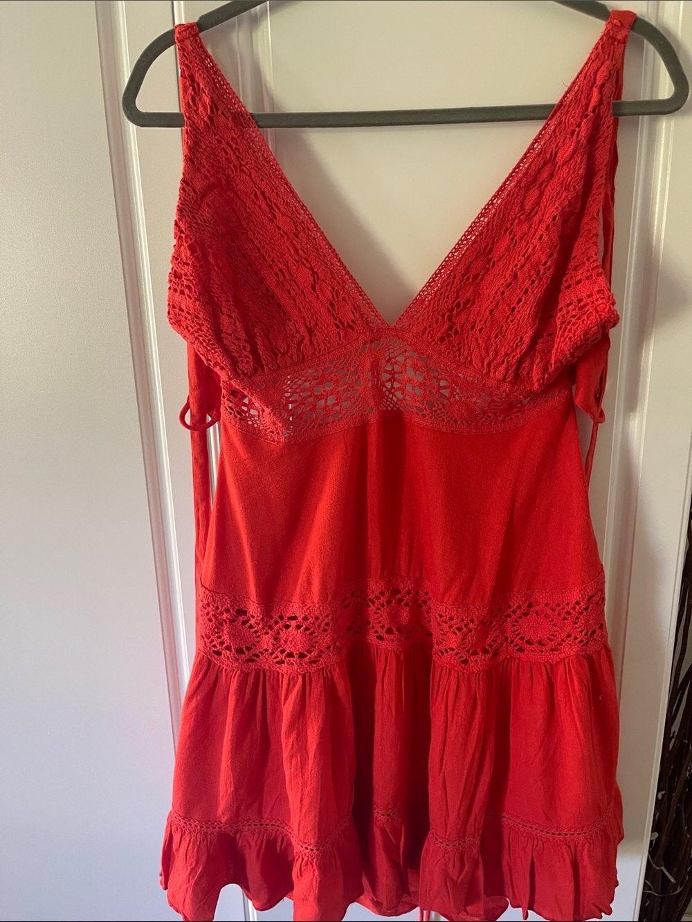 Free People Red Lace-and crochet Trim Slip Dress